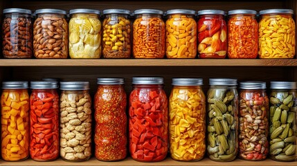Assorted preserved fruits and vegetables in glass jars