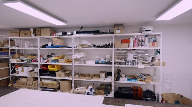 Organized storage room with white metal shelving filled with various tools, boxes, containers, and office supplies under bright lighting.
