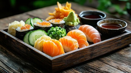 Assorted sushi platter featuring salmon, rice, and vegetables.  Dipping sauces and appetizers are included