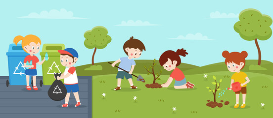 Obraz premium People throw away garbage correctly. Children plant trees.