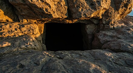 Mysterious Dark Cave Entrance in Rocky Coastline at Sunset