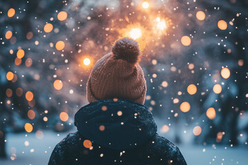 Dreamy Winter Night with a Person Admiring Sparkling Fireworks in Festive Holiday Atmosphere, Generative AI