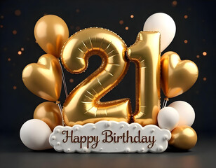 Gold 21st happy birthday background, 21st birthday card illustration with balloons on dark background abstract, twenty one birthday template