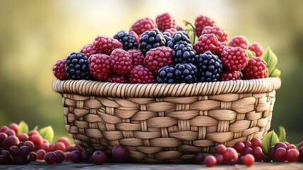 A handmade woven basket filled with freshly picked berries