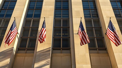 A Department of Justice building with an imposing facade and American flags on display