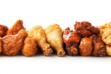 さまざまな味のフライドチキンが並ぶ美味しい盛り合わせ