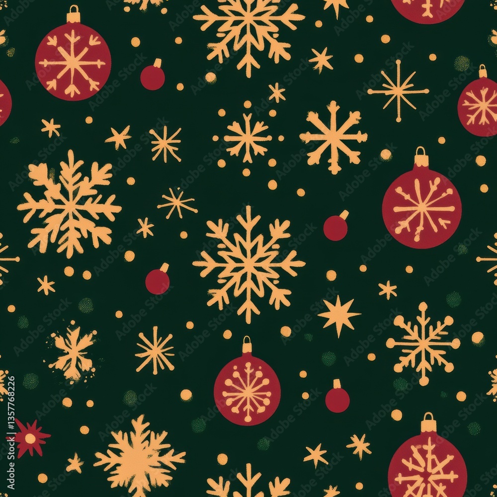 Aufkleber Seamless Christmas pattern featuring golden snowflakes and festive ornaments with cozy winter vibes in deep red and green colors Generative AI