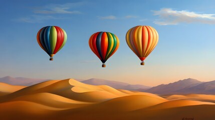 Three Colorful Hot Air Balloons Soaring Over Desert Dunes at Sunrise