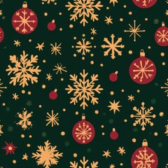 Seamless Christmas pattern featuring golden snowflakes and festive ornaments with cozy winter vibes in deep red and green colors Generative AI