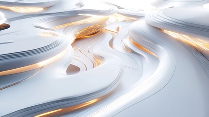 Futuristic urban plaza with flowing pathways and radiant lighting viewed from above on a white background