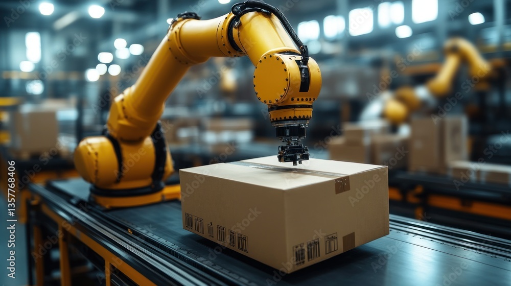 Poster automated packaging system in a modern factory. a yellow robotic arm precisely places a cardboard bo