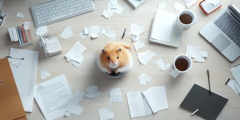 Frantic office scene with hamster on wheel in workspace