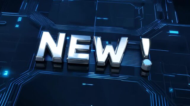 Zoom-in on the word "New!" in metallic silver high-tech font, glowing under cool blue LED light on a dark glass-like background with faint digital circuit lines. Concept for tech product promotion