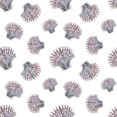 Seamless scallop pattern. A hand-drawn watercolor illustration. Color image of marine elements. Ideal for textiles, fabrics, wrapping paper, curtains, printing and more.
