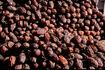 Dark dried dates in sunlight, a traditional and symbolic food for breaking the fast during Ramadan. Rich in natural sugars, energy, and cultural meaning.
