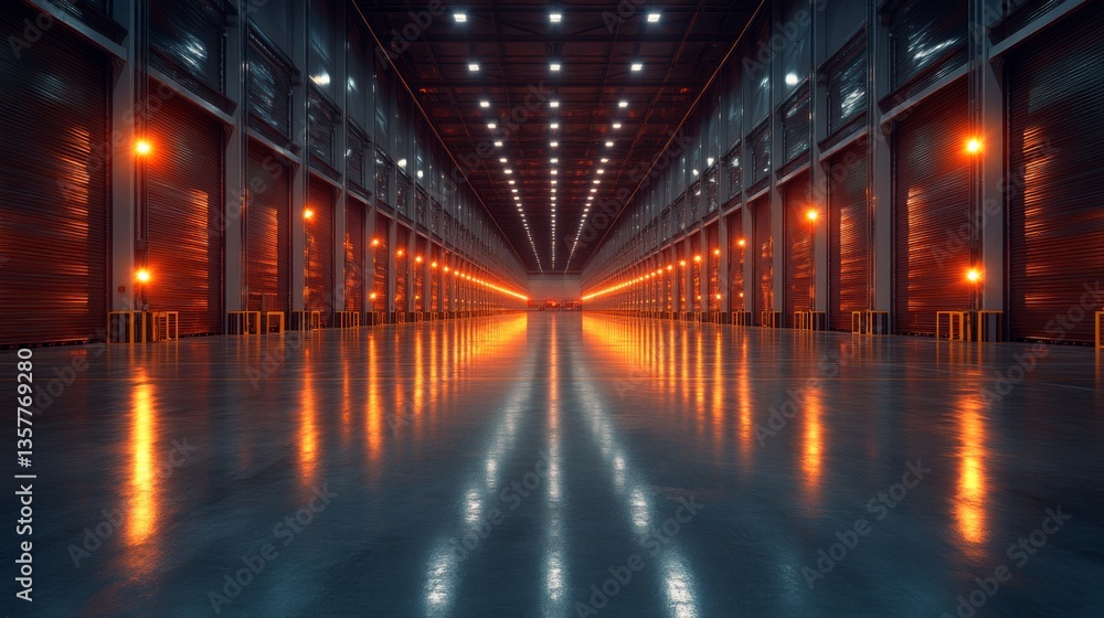 Poster Large warehouse features organized storage areas and smooth reflective floors illuminated by bright overhead lights, indicating efficient logistics and distribution activities.