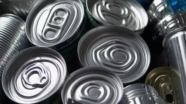 Abstract aluminum can composition displaying opened and closed metal containers on white background, reflecting dynamic light and intricate shadows with graphic visual design elements