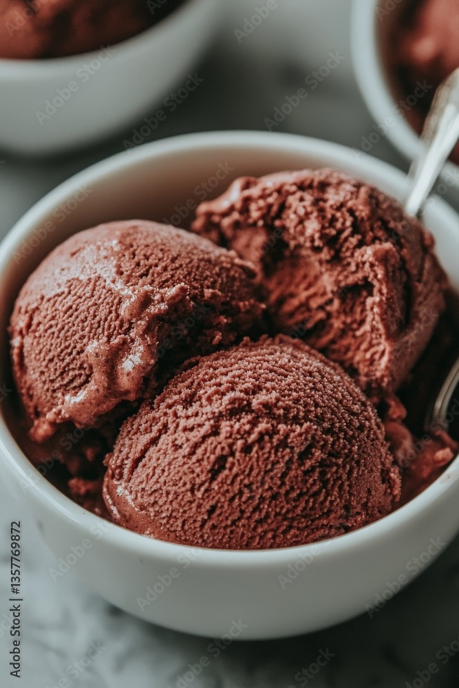 Poster rich dark chocolate ice cream scoops in a bowl with a rustic background emphasizing the deep color a