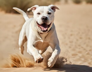 Obraz premium argentine dogo running on the desert, dog playing outddors in a beautiful sunny day, under blue sky