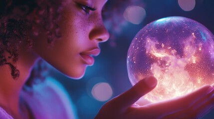 Mystical glow: woman with glowing storm sphere in the dark