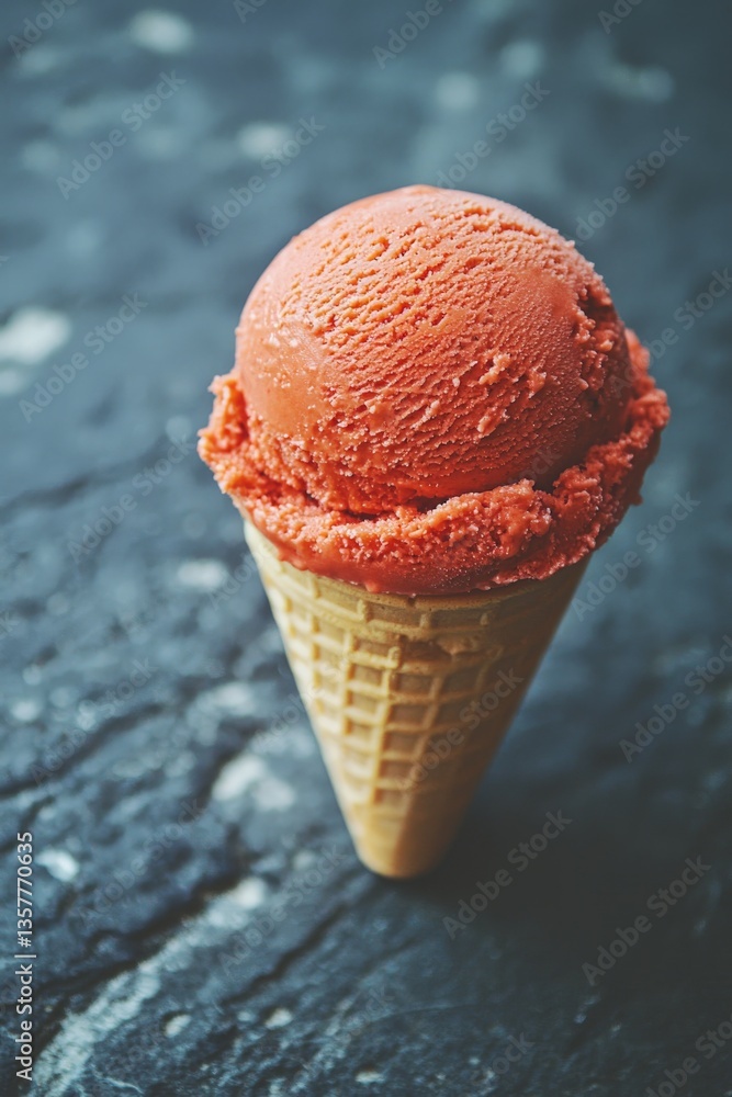 Poster single scoop of red fruit sorbet in a waffle cone placed on a textured dark background emphasizing c