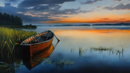 Serene Sunset Landscape Wooden Rowboat on Calm Lake at Dawn