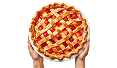 Hand holding a raspberry pie with lattice crust isolated on white transparent background. Concept of homemade dessert.
