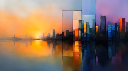 Obraz premium Vibrant Cityscape at Sunset Abstract Painting Modern Art Colorful Buildings Waterfront Reflection