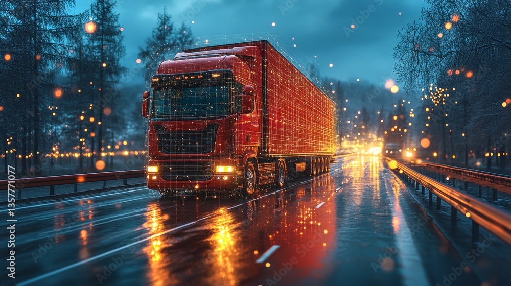 Poster a red truck navigates a rainy road at twilight, reflecting lights on the surface and contributing to