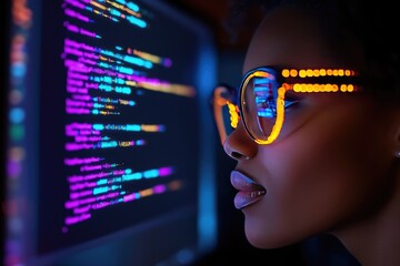 Focused Software Developer Analyzing Code with Neon Reflections in Glasses