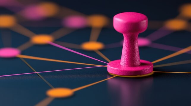 Network Connection: Abstract Pink Pin on Interconnected Digital Grid Background