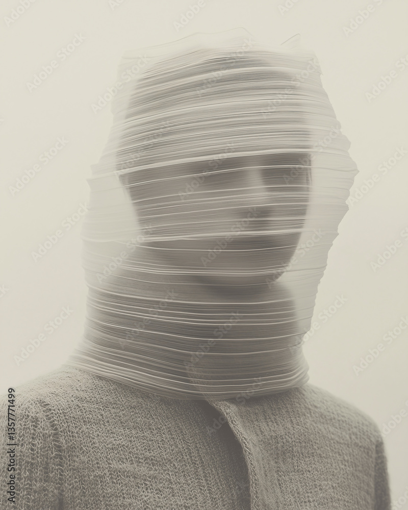 Poster obscured in layers: a captivating portrait of a person shrouded in translucent, layered fabric, thei