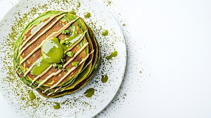 Artistic top-down shot of matcha and turmeric pancakes stacked high, dusted with matcha powder and drizzled with almond butter, set against a pure white background