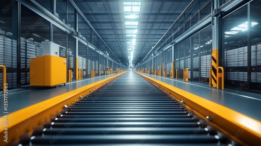 Poster A spacious warehouse features a long conveyor system designed for efficient movement of cargo and inventory. Organized shelving lines the walls, showcasing ample storage capacity.