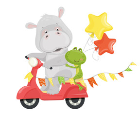 Vector illustration of a hippo and frog on a red scooter with stars.