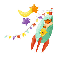 Vector illustration of a tiger in a rocket with stars and a moon.