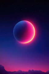 Fototapeta premium Vibrant Neon Crescent Moon in Starry Sky at Dusk: Surreal and Futuristic Landscape