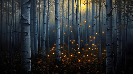 Obraz premium Enchanting Birch Forest at Dusk with Glowing Lights Magical Autumn Scene