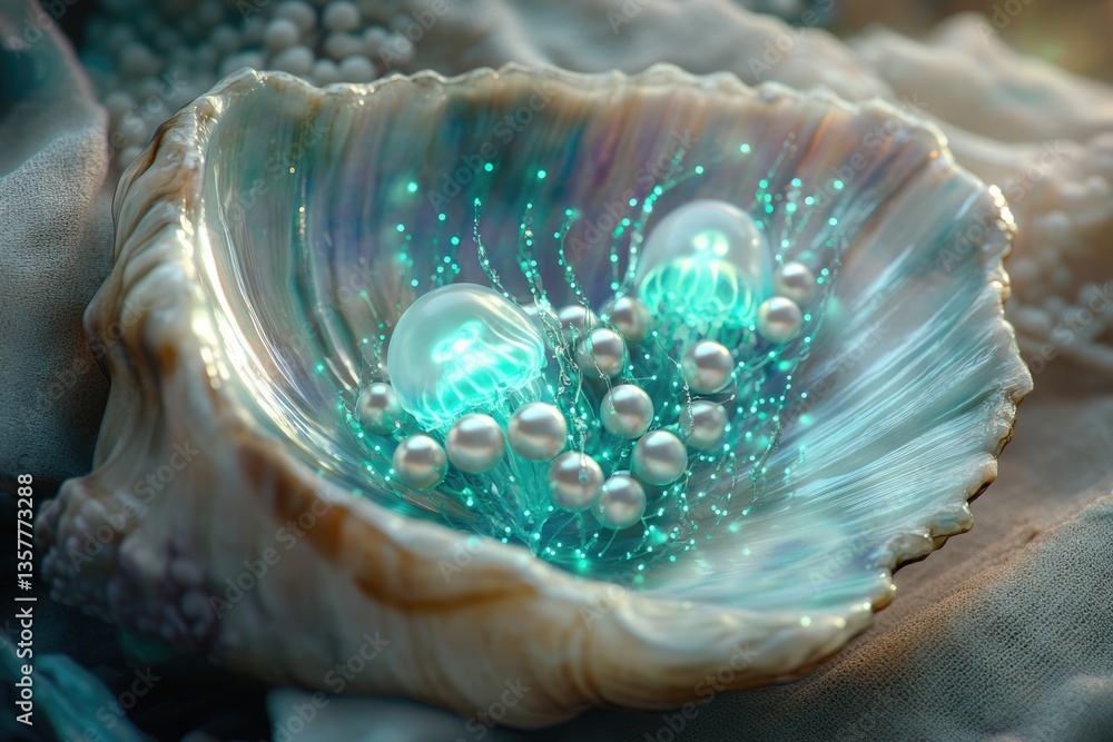 Poster glowing jellyfish-like pearls nestled within a lustrous seashell, creating a surreal underwater scen