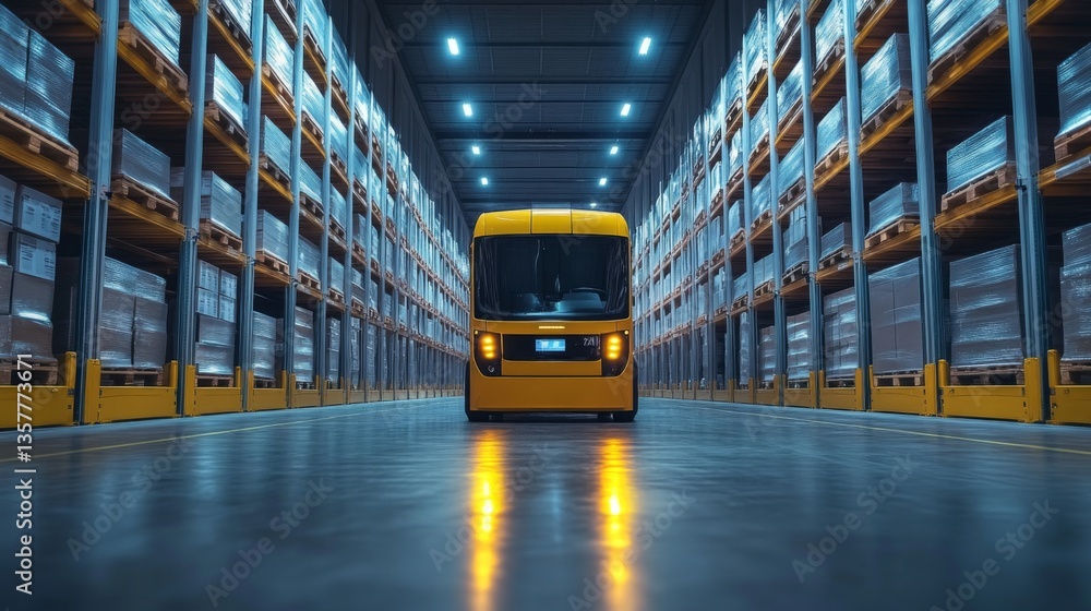 Leinwandbilder a logistics vehicle is moving through a spacious warehouse, surrounded by neatly stacked pallets, hi