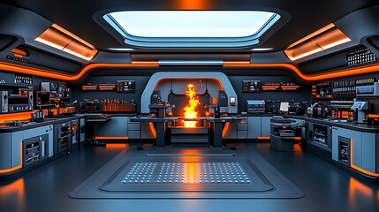 Futuristic Laboratory Interior With Orange And Black Lighting