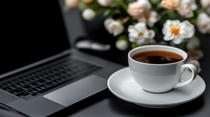 Laptop, coffee, and flowers on a dark surface