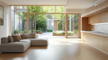 Fototapeta premium A spacious open-concept living room and kitchen with light maple wood floors and bright white walls