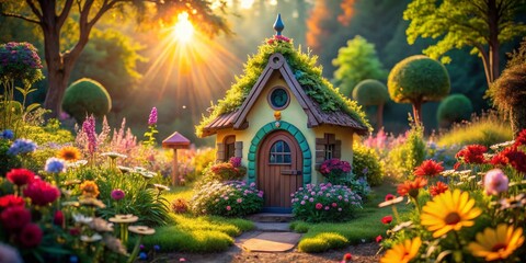 Fototapeta premium Summer Gnome House in a whimsical garden, bright sunlit scene.