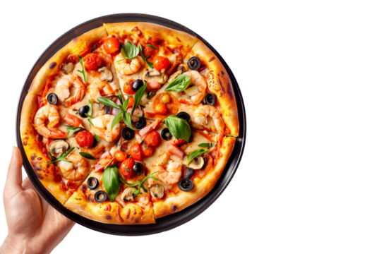 Hand holding Frutti di Mare Style pizza isolated on white transparent background. Concept of fast food and homemade pizza.