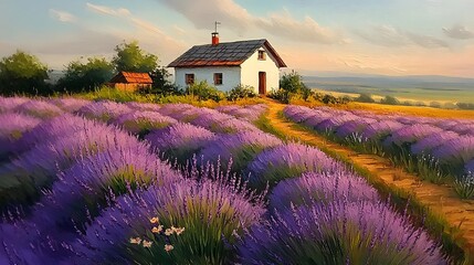 Serene Lavender Field Cottage Summer Landscape Painting Idyllic Rural Scene