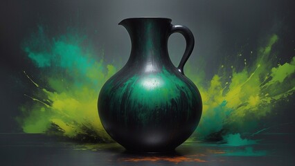 Elegant ceramic pitcher with vibrant green splash and artistic backdrop showcasing modern design