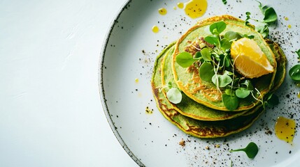 Minimalist close up of matcha and turmeric pancakes on a modern white background, soft natural shadows, elegant plating with microgreens and citrus zest