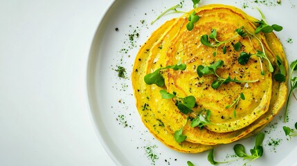Minimalist close up of matcha and turmeric pancakes on a modern white background, soft natural shadows, elegant plating with microgreens and citrus zest