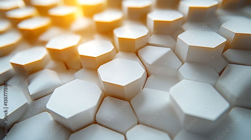 Poster abstract white hexagon pattern with golden light, modern geometric background for design projects.